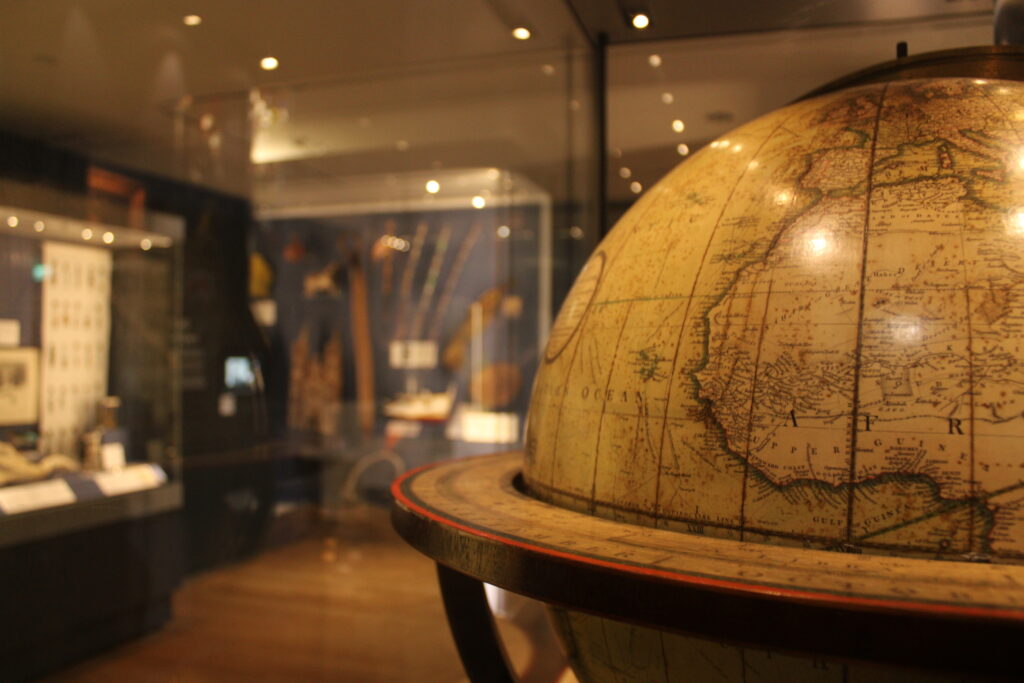 Globe on display in the gallery.